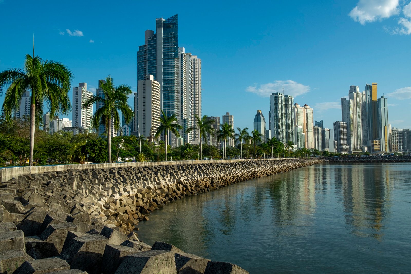 Panama City skyline at Cinta Costera area as seen from the coastal trail near the Casco Viejo/Old quarter; Panama City, Panama, Central America
